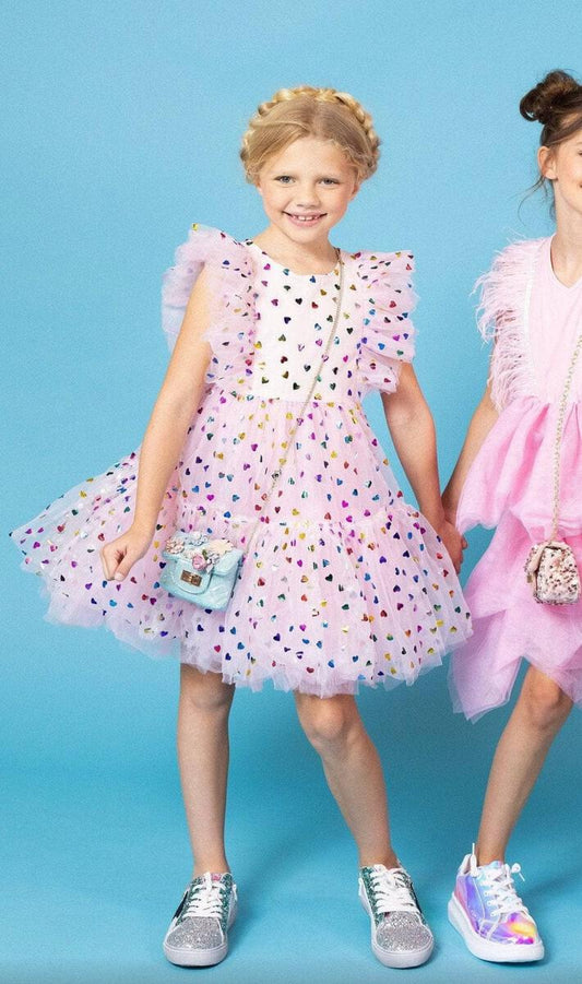 Lola + The Boys. Be the life of the party in Lola + The Boys' Foil Rainbow Hearts Tulle Dress! This light pink, layered dress is sure to add sparkle to a special day. Show off your flare with embellished tulle and flutter sleeves. Shine on, sunshine! 