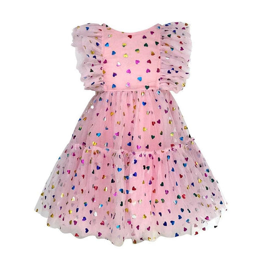 Lola + The Boys. Be the life of the party in Lola + The Boys' Foil Rainbow Hearts Tulle Dress! This light pink, layered dress is sure to add sparkle to a special day. Show off your flare with embellished tulle and flutter sleeves. Shine on, sunshine! 