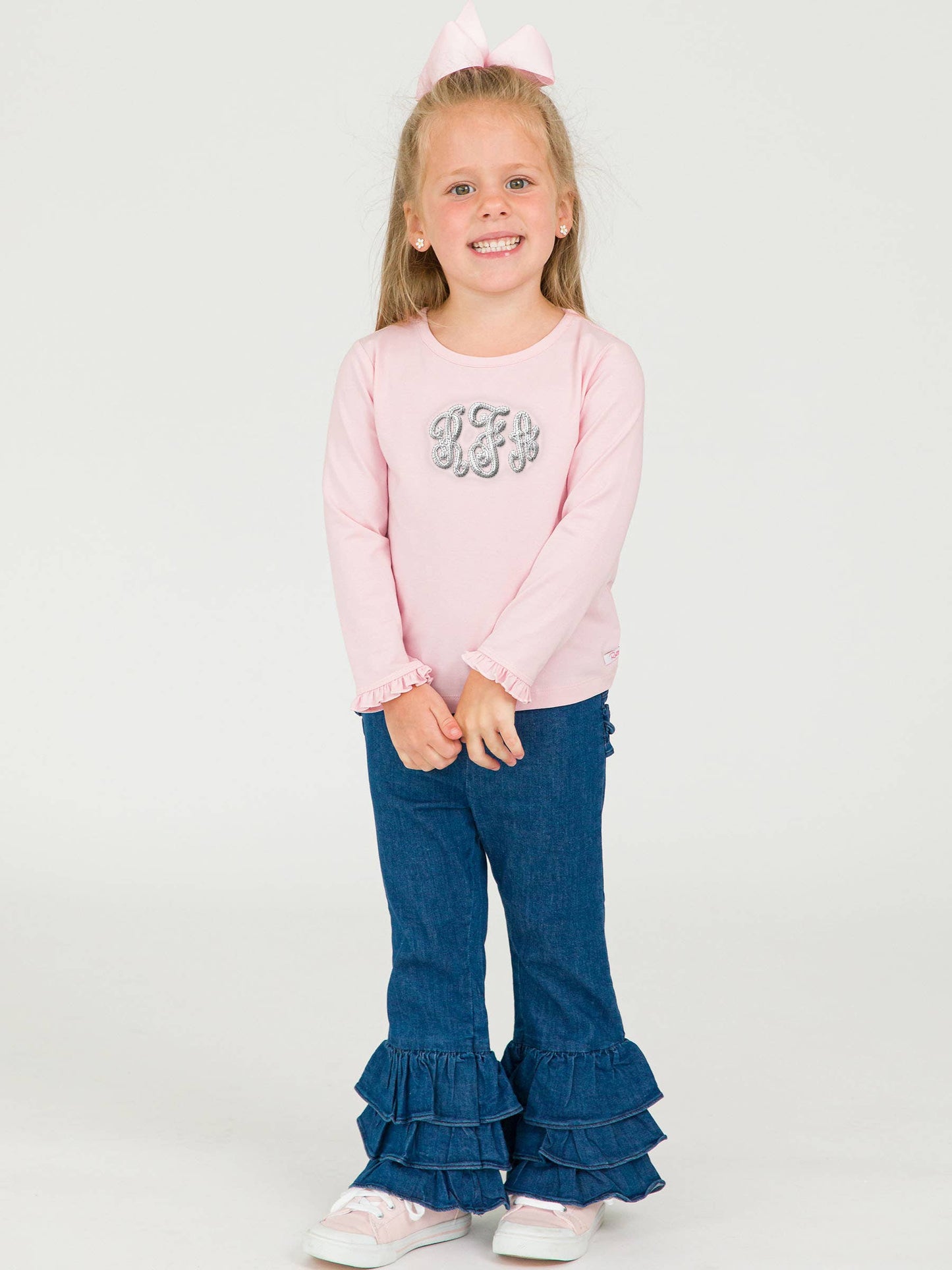 Stretch Denim Flare Pants with Ruffles