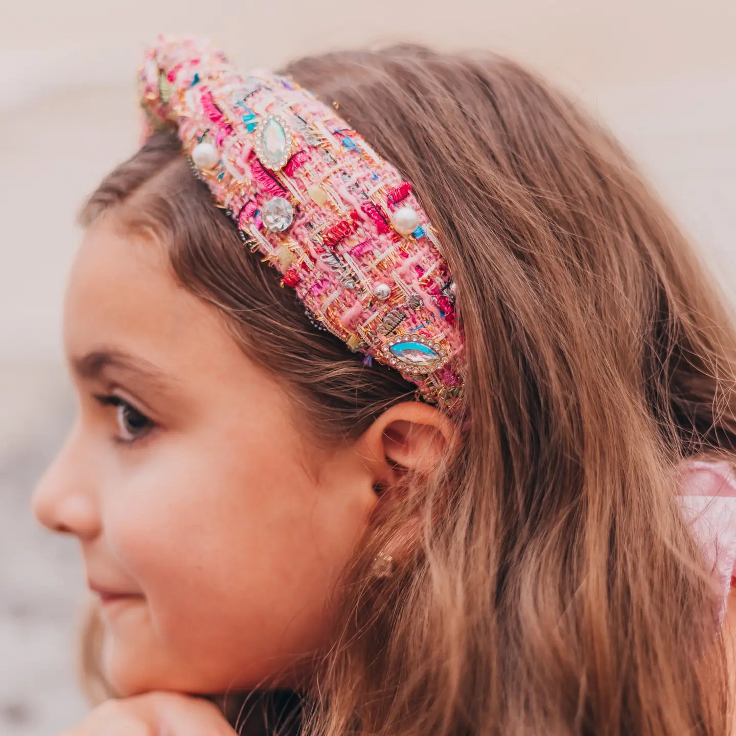 Embellished Pearl Tweed Knot Headband in Pink