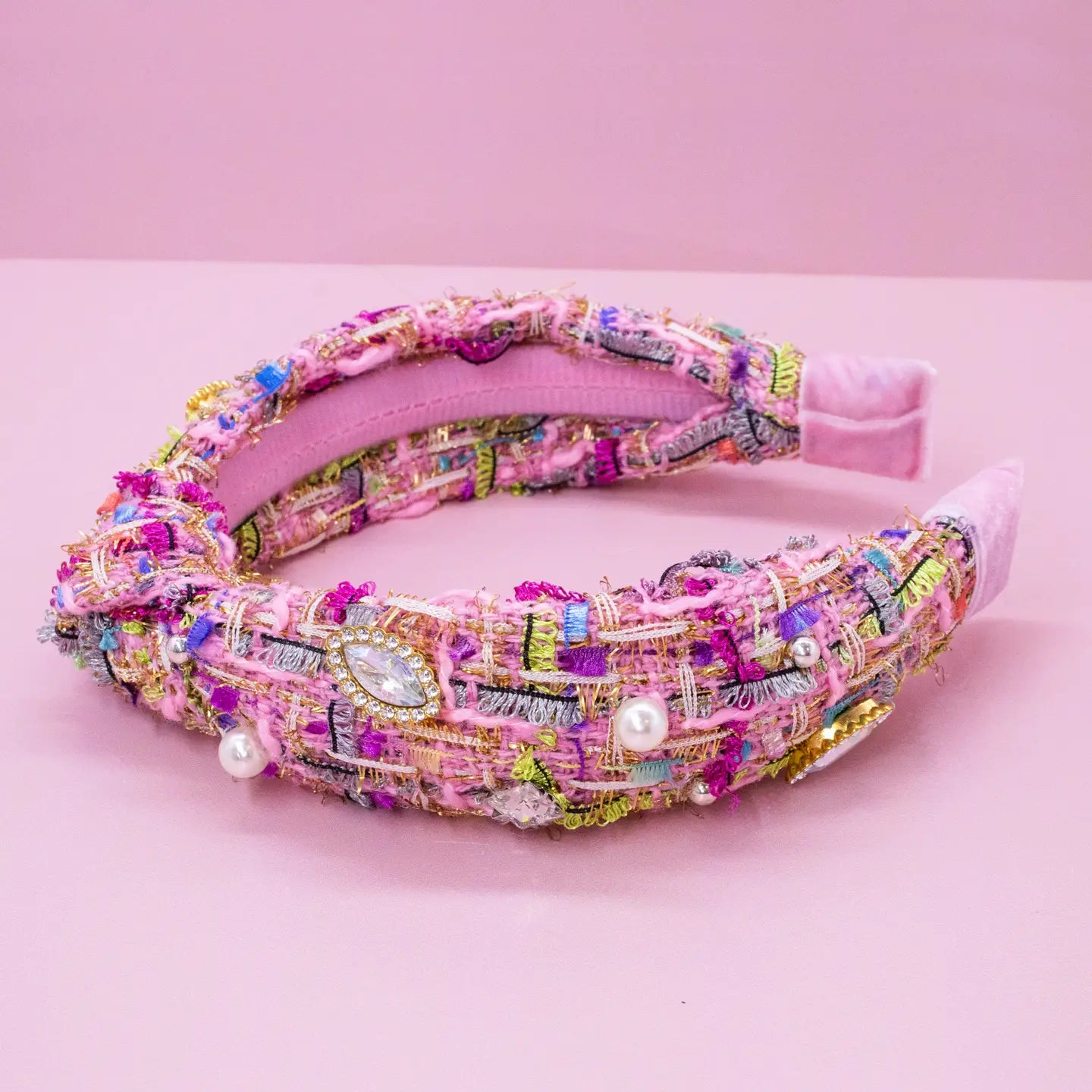 Embellished Pearl Tweed Knot Headband in Pink