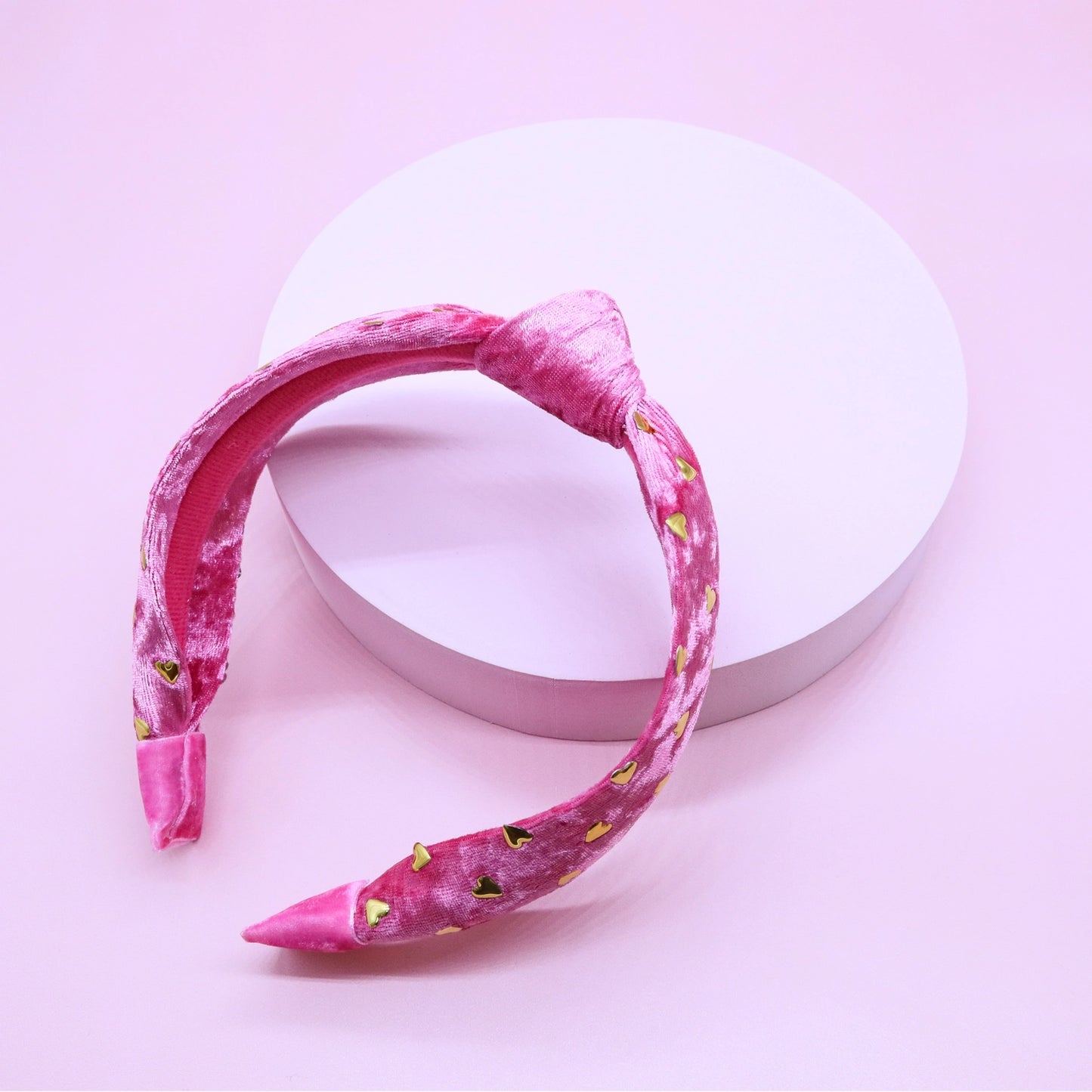 Hot Pink Velvet Gold Heart Stud Knot Headband