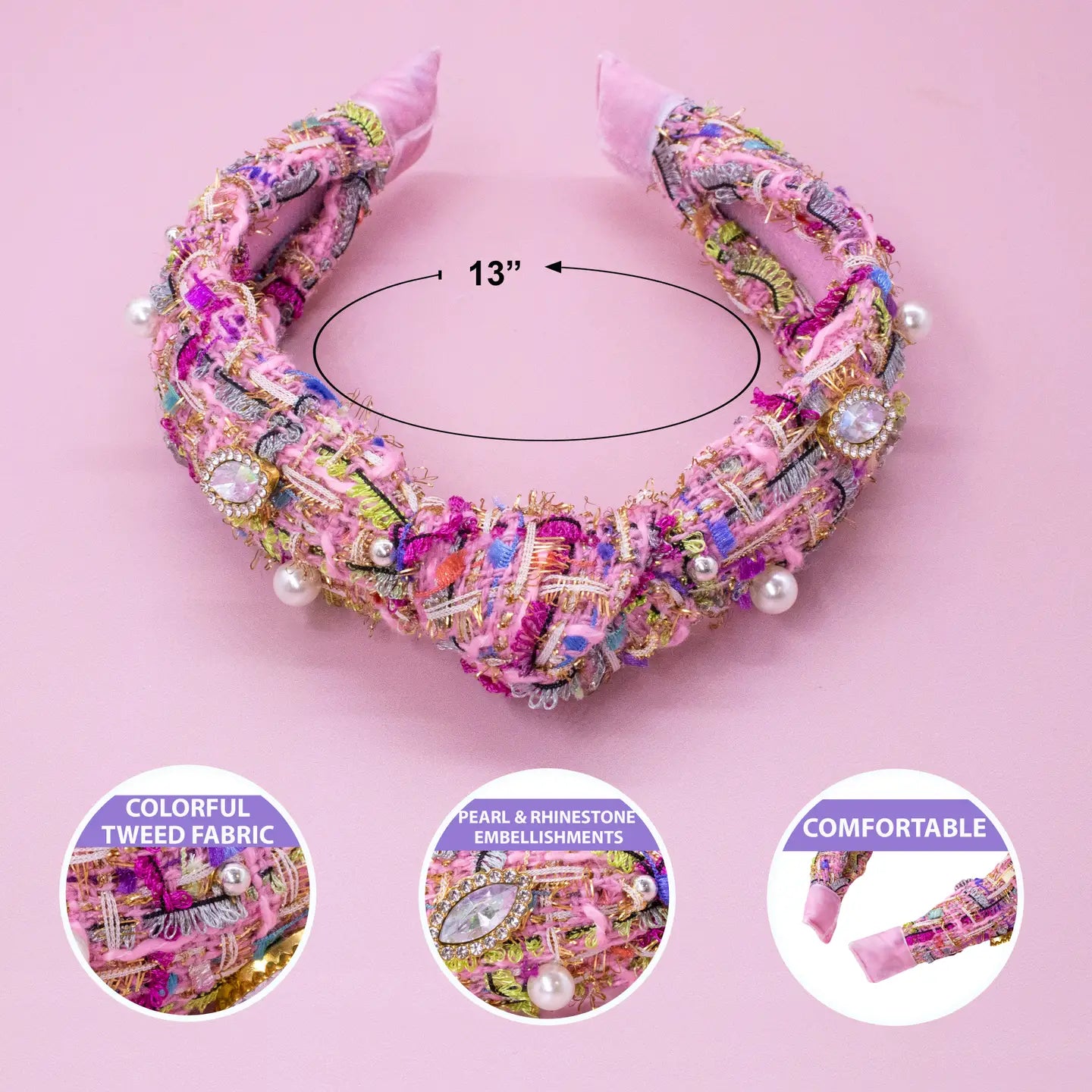 Embellished Pearl Tweed Knot Headband in Pink