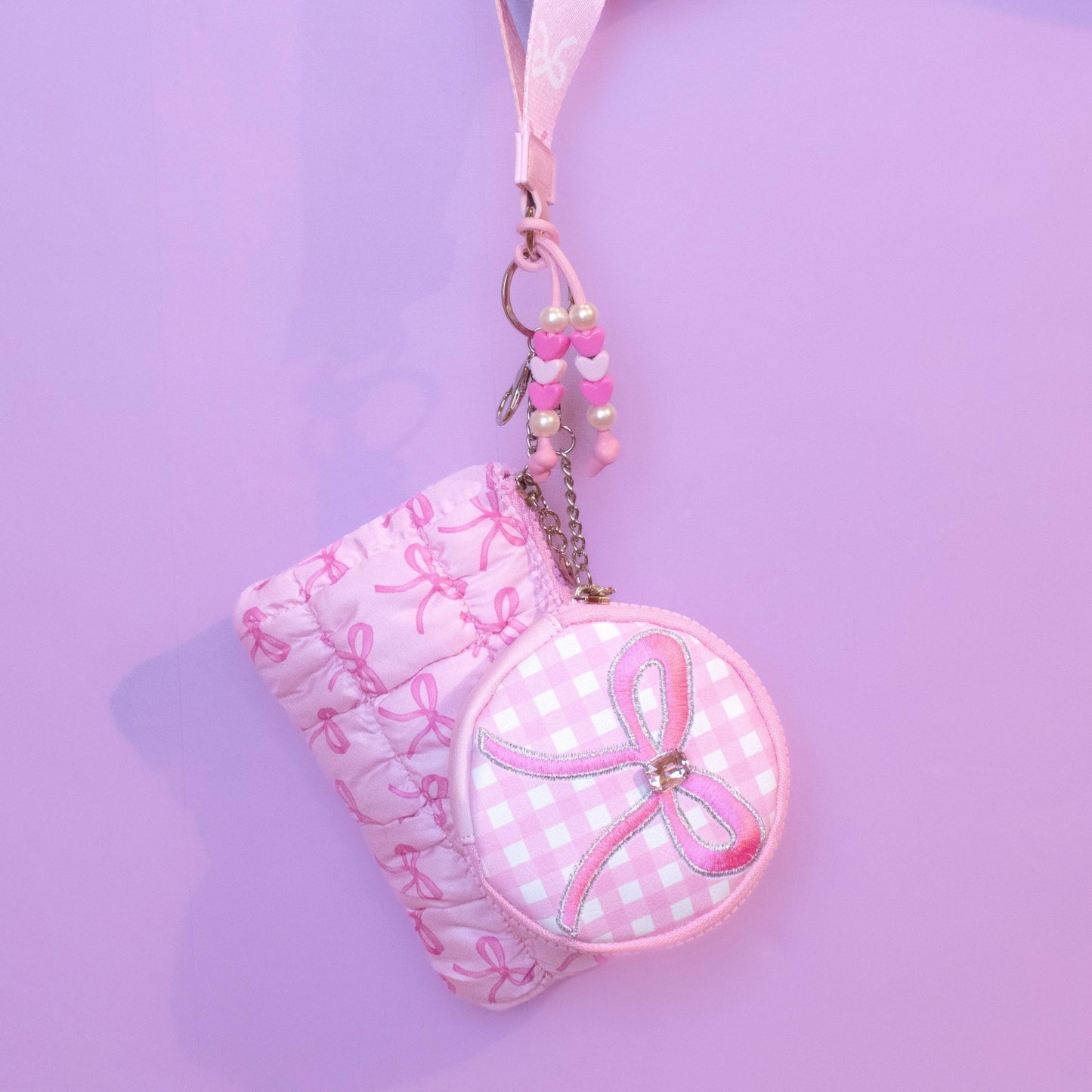 Quilted Scrunchies Bow Gingham Pouch + Keychain Set