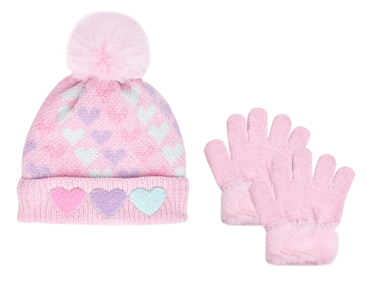 Heart Printed Chenille Hat & Glove Set