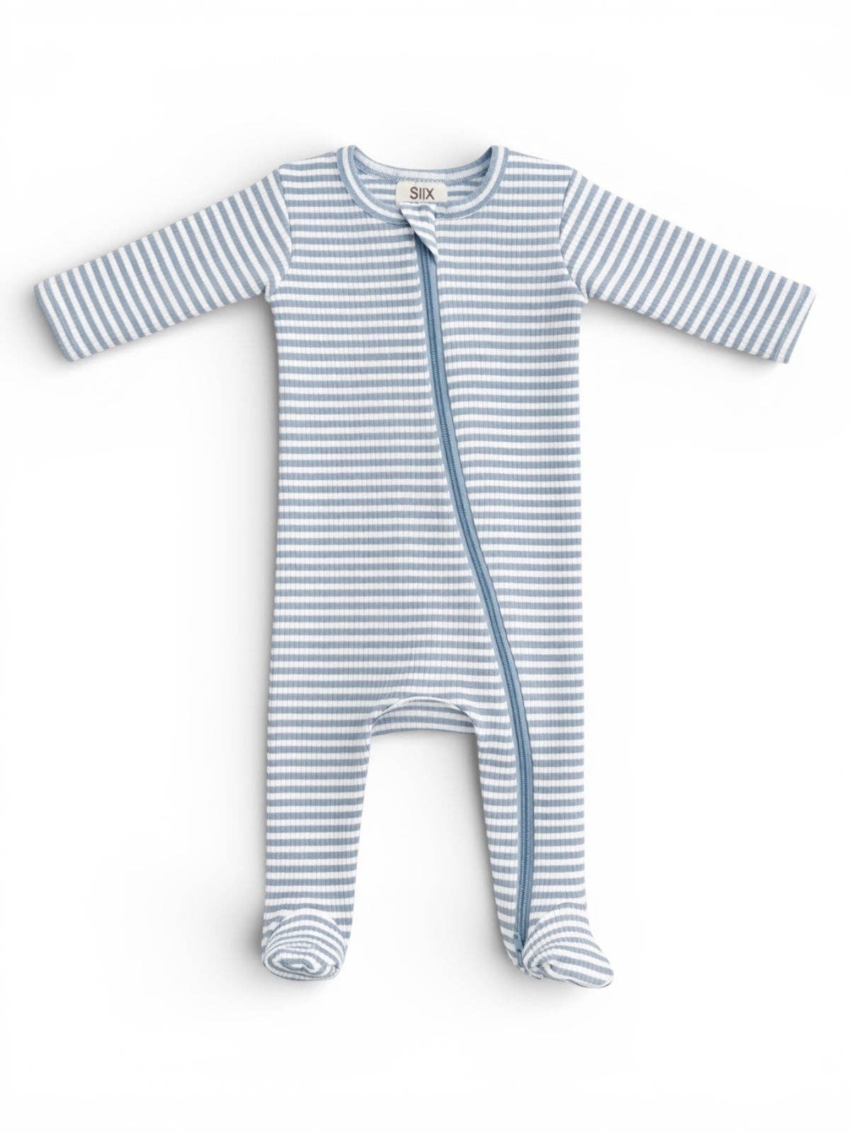 Dusty Blue Stripe Ribbed Cotton Zipper Footie