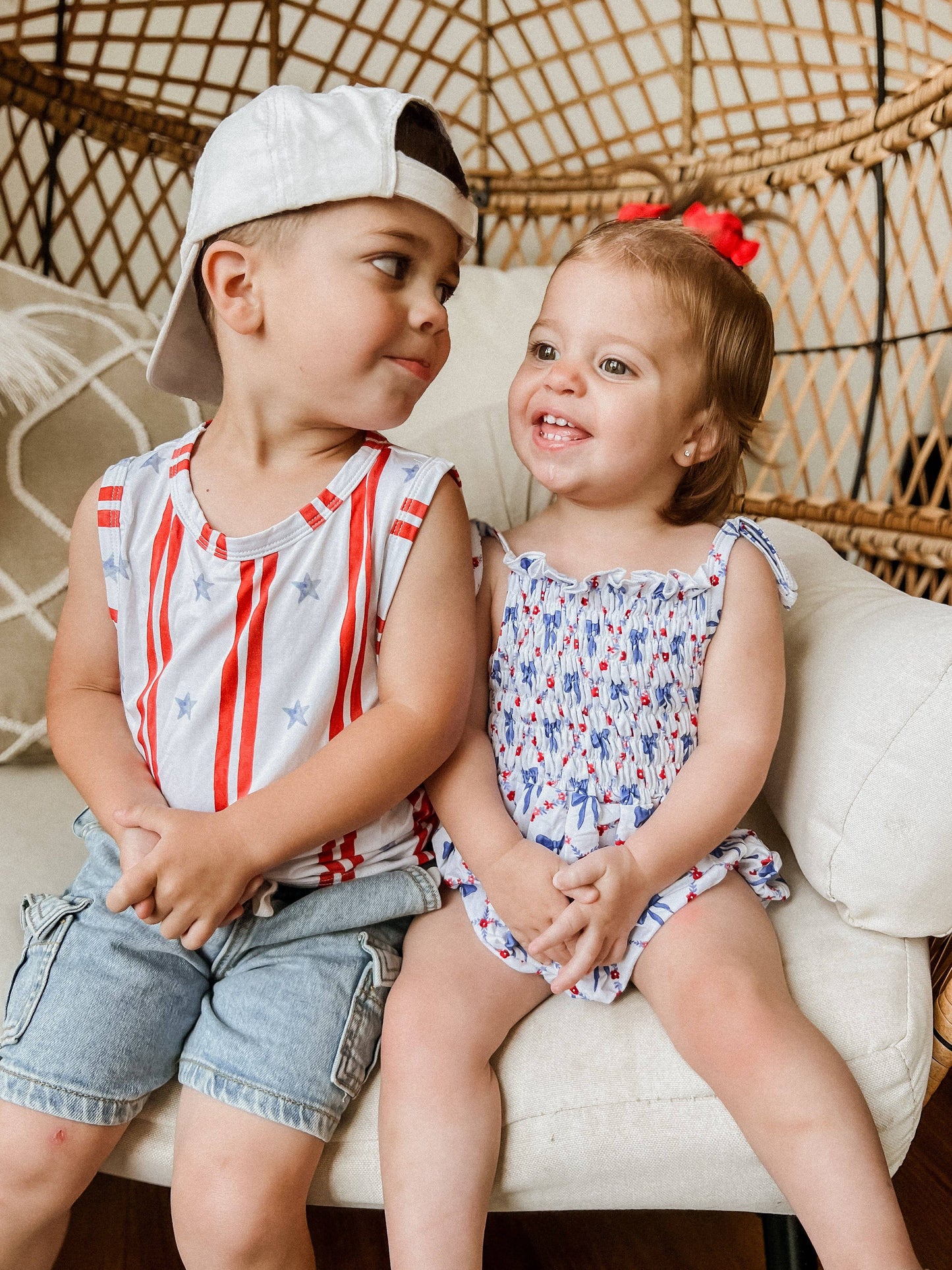 Red, White and Bows Smocked Bamboo Bubble Romper
