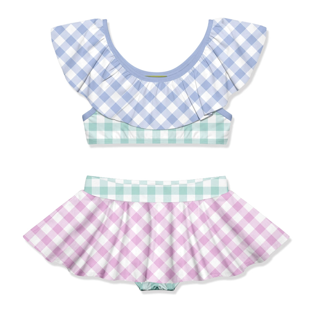 Periwinkle Gingham Ruffle Skirted Bikini
