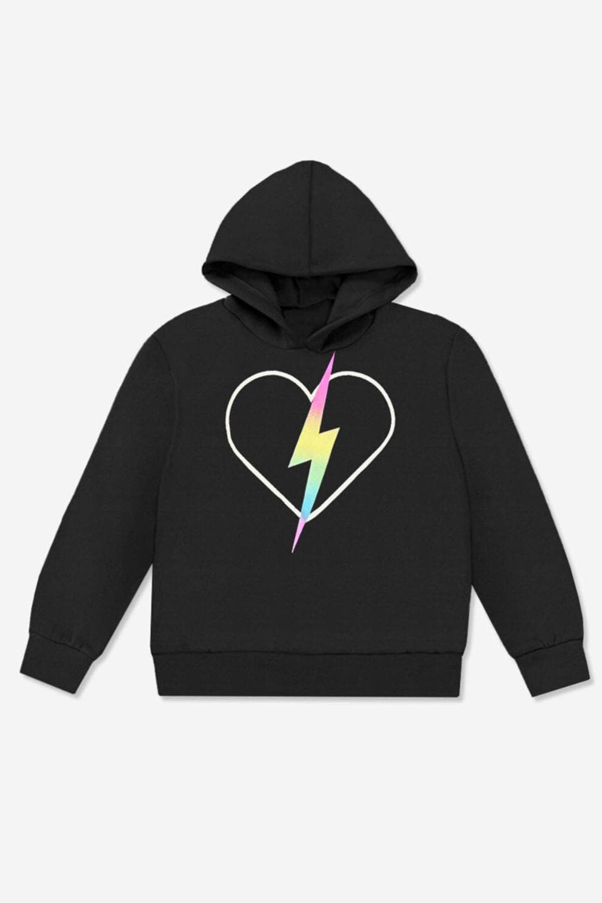 Cotton Soft French Terry Everyday Hoodie in Black Rainbow Heart Bolt