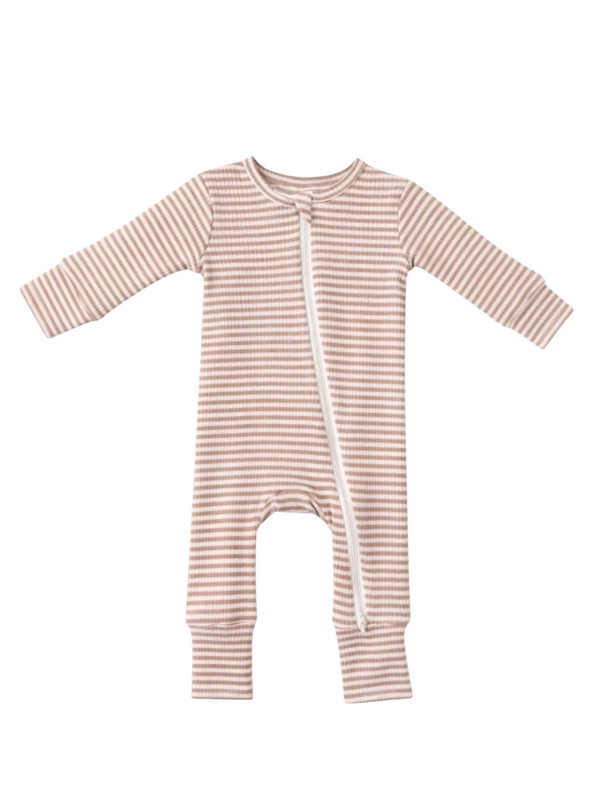 Tan Stripe Ribbed Zipper Romper