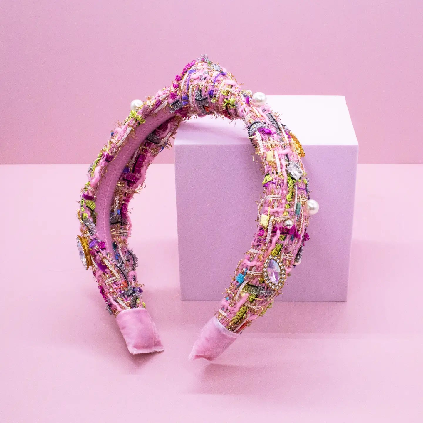 Embellished Pearl Tweed Knot Headband in Pink