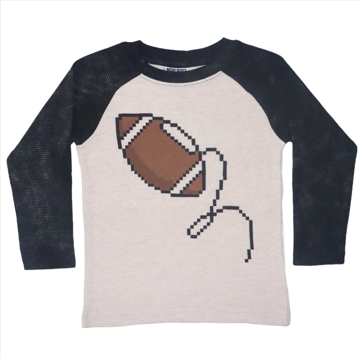 This Pixel Football Long Sleeve Raglan Thermal is a winning piece for any wardrobe! The heathered oatmeal base with distressed black sleeves contrast perfectly to give your look a bit of edge. It's a must-have for every sports fan!