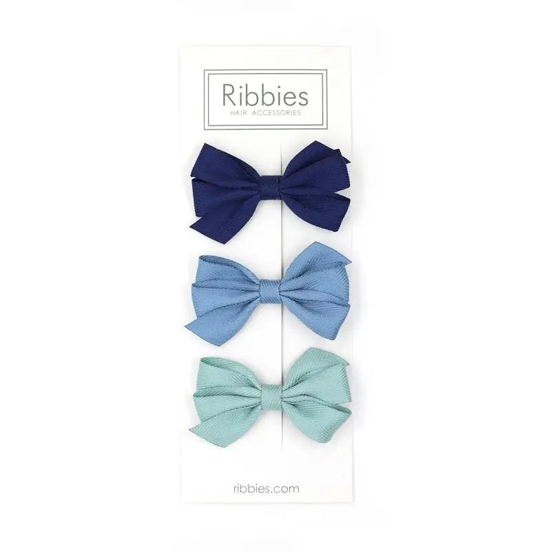 Set of 3 twill cotton hair bows on a strong alligator clip with a foam grip. Includes 1 Medium Navy, French Blue and Aqua bow. Handmade. Women Owned. Eco-Friendly.