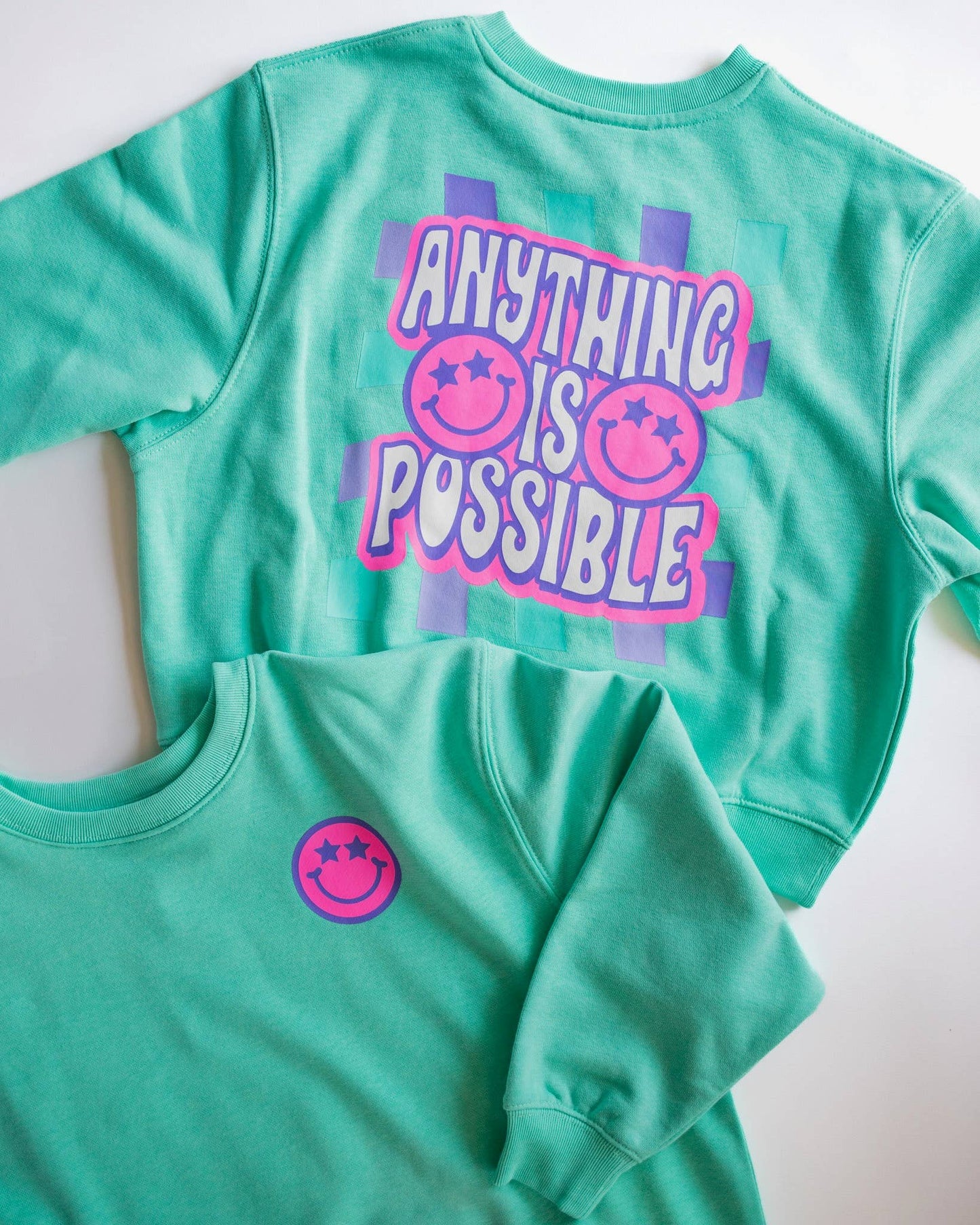 Anything is Possible Smiley Sweatshirt in Aqua