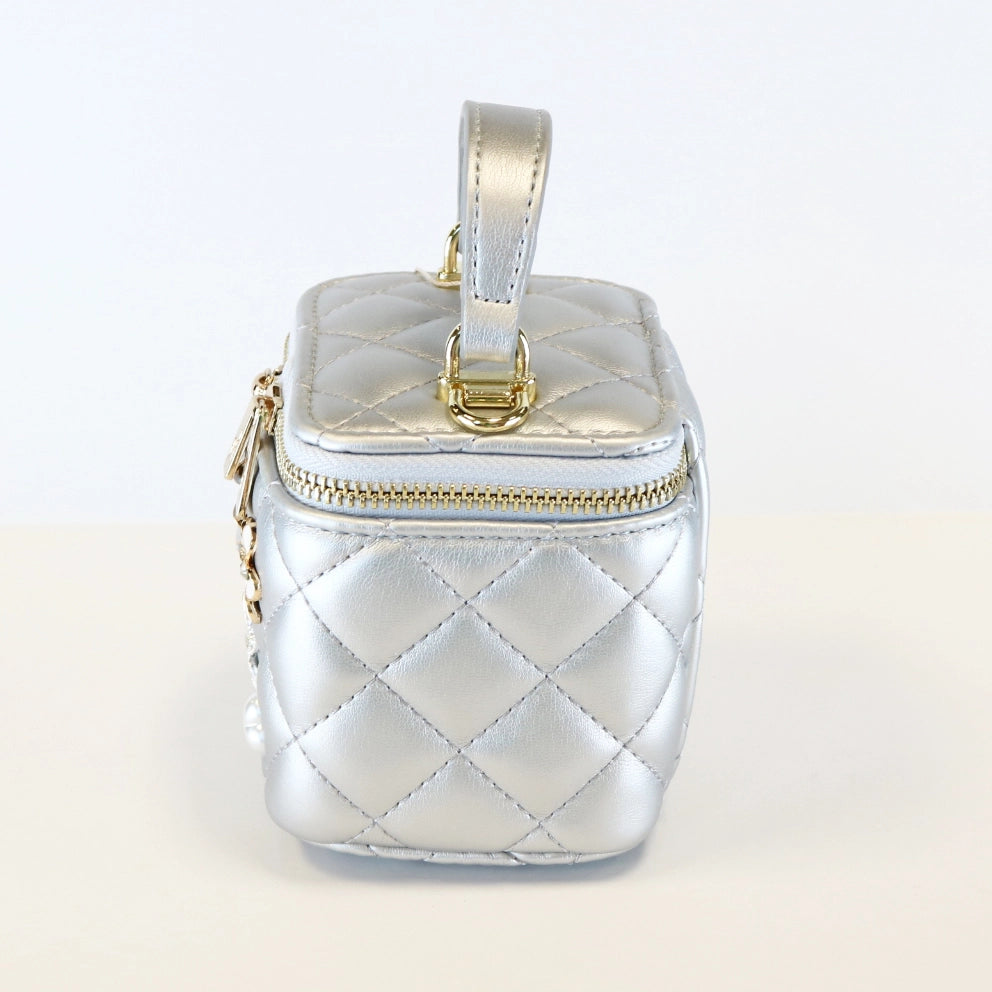 Silver Quilted Top Handle Purse with Charms