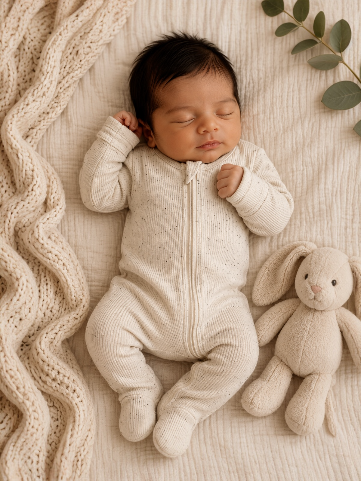 Cream Speckle Ribbed Cotton Zipper Footie