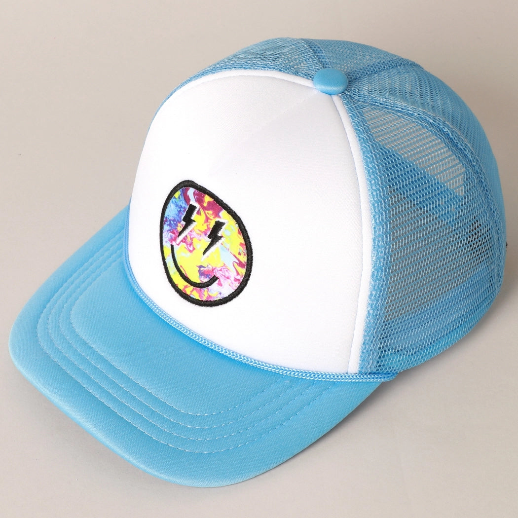 Blue Tie Dye Lightening Bolt Smiley Hat