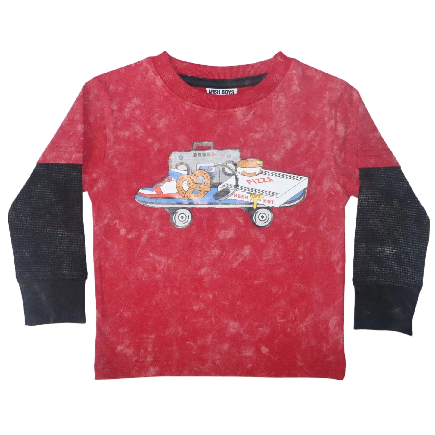 Make a statement with our Food + Skate 2Fer Long Sleeve Tee! Features a red enzyme-washed tee with black thermal sleeves for that perfect mix of comfort and style. With it's added fun decal, it'll have them double takin'!