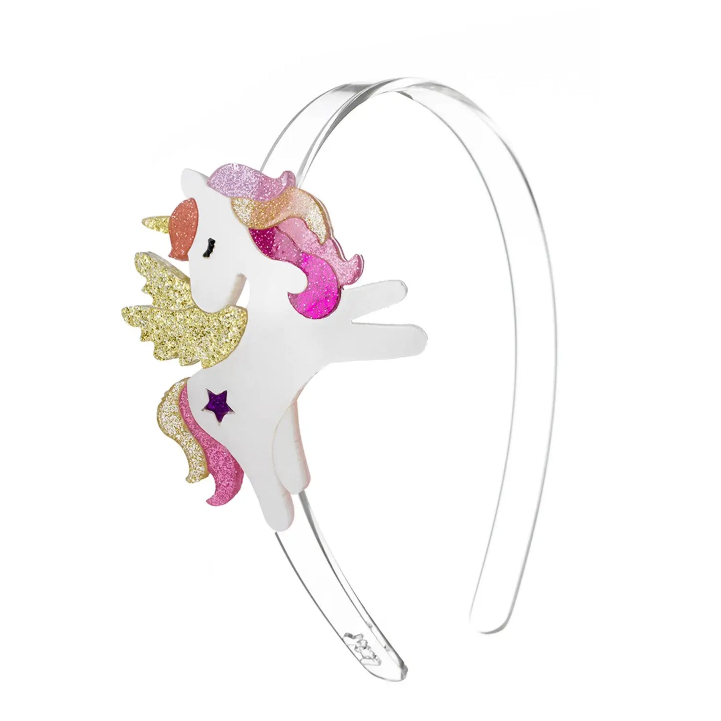 Live like a unicorn in our amazing Unicorn Acrylic Headband! Look stunningly mythical with a coral glitter touch, and gold glitter wings to really show off! 100% Acrylic.