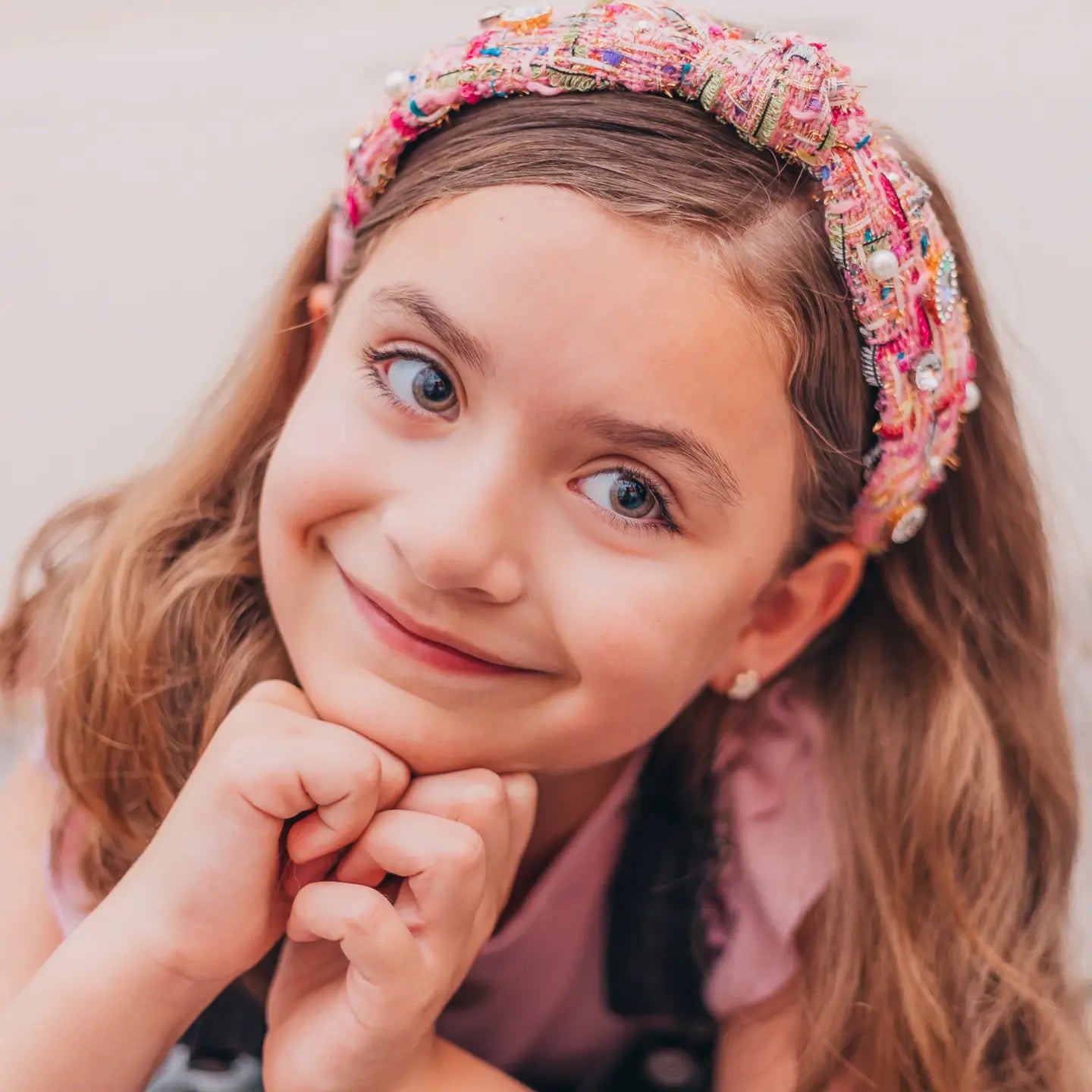 Embellished Pearl Tweed Knot Headband in Pink