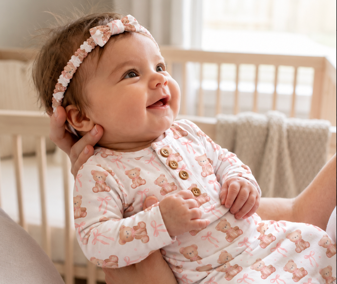 Pink Teddy Bamboo Knotted Gown + Bow Set