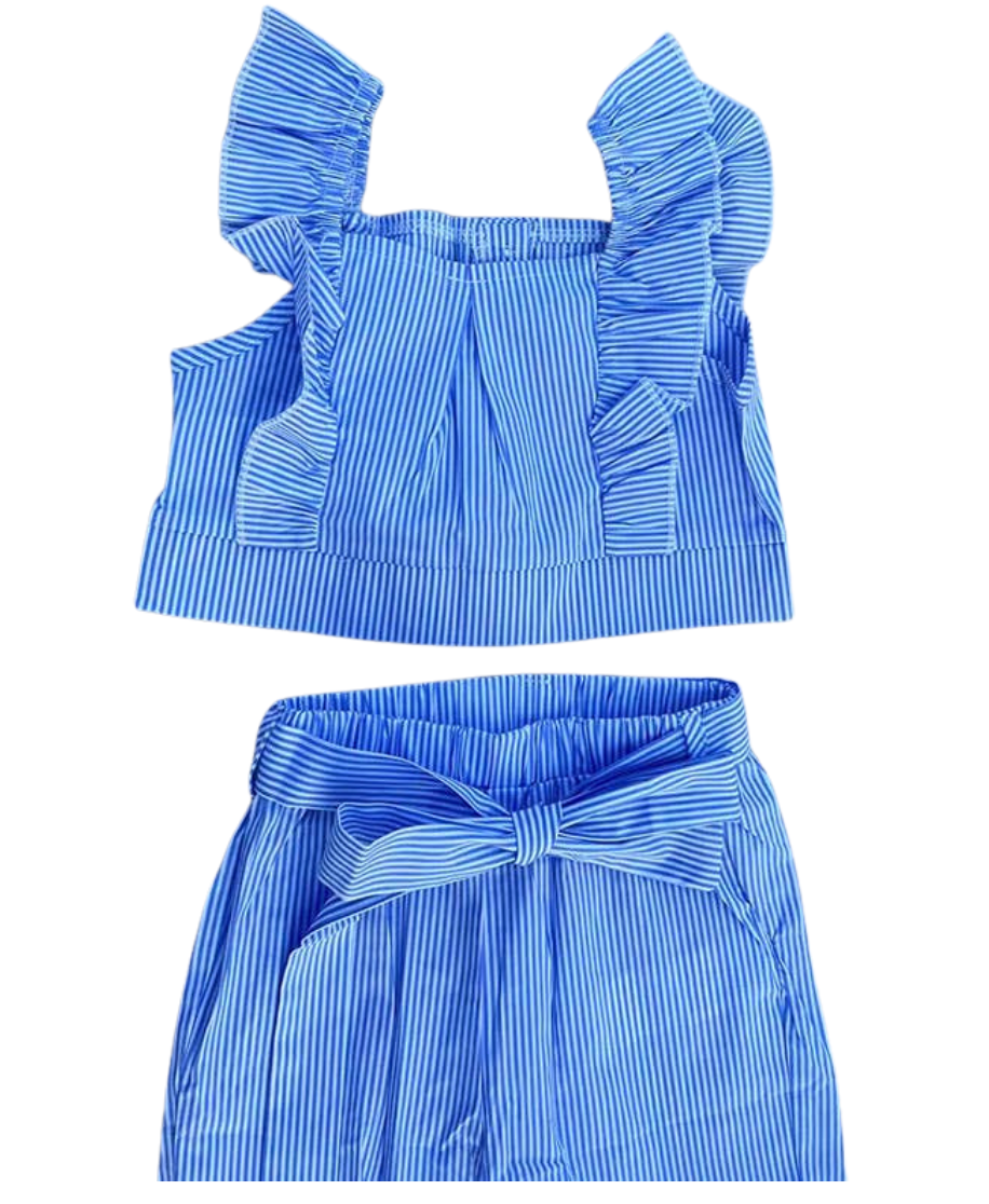 Blue Striped Ruffle Top + Pant Set