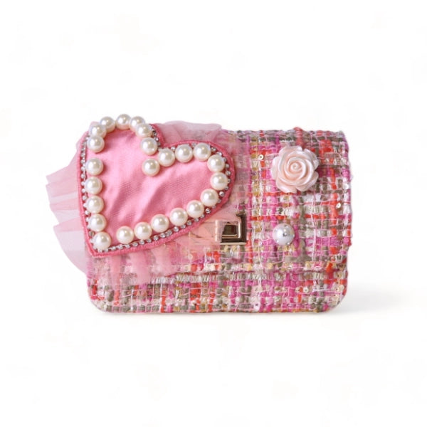 Pink Heart Tweed Purse with Gold Chain Strap and Toggle Lock Closure. Dimensions: 5-1/2" Length x 3-3/4" Height x 2-1/4" Width.
