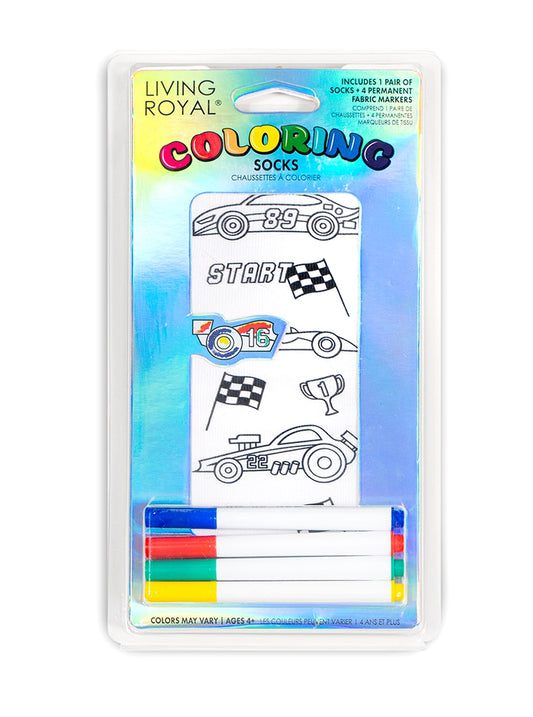 <p><span data-mce-fragment="1">Color your&nbsp;way with our Race Car Coloring Socks! </span></p> <p><span data-mce-fragment="1">Pack includes 1 pair of&nbsp;coloring ankle&nbsp;socks + 4 permanent fabric markers (colors may vary).</span></p> <p><span data-mce-fragment="1">ONE SIZE FITS MOST(child age 4+ through women size 11).&nbsp;</span></p> <p><span data-mce-fragment="1">Machine washable.</span></p>