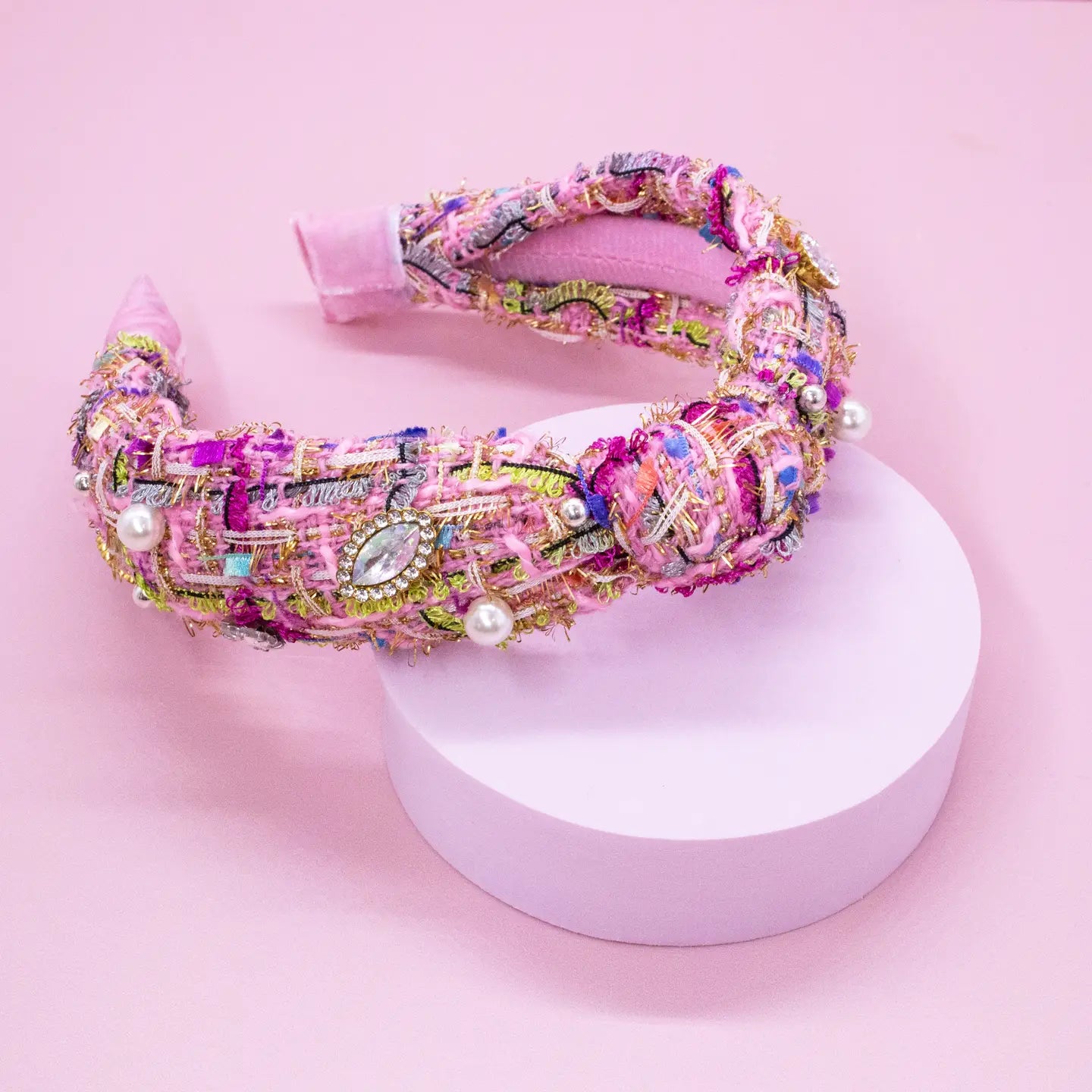 Embellished Pearl Tweed Knot Headband in Pink