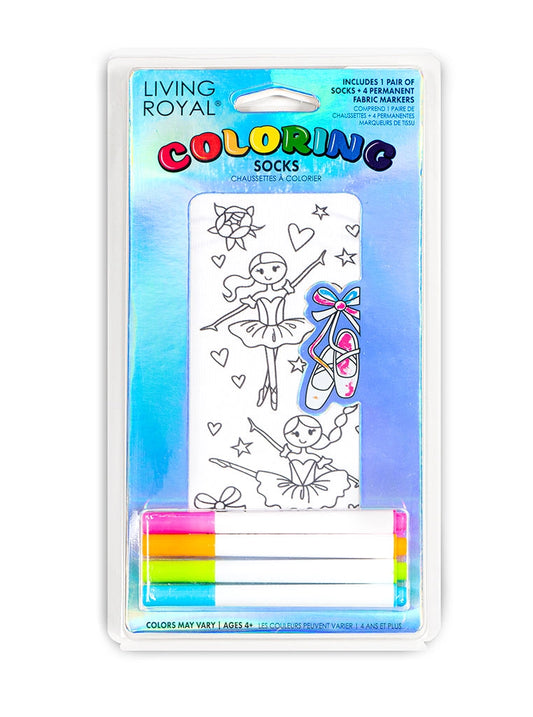 Color your way with our Ballerina Coloring Socks!  Pack includes 1 pair of coloring ankle socks + 4 permanent fabric markers (colors may vary).  ONE SIZE FITS MOST(child age 4+ through women size 11).   Machine washable.