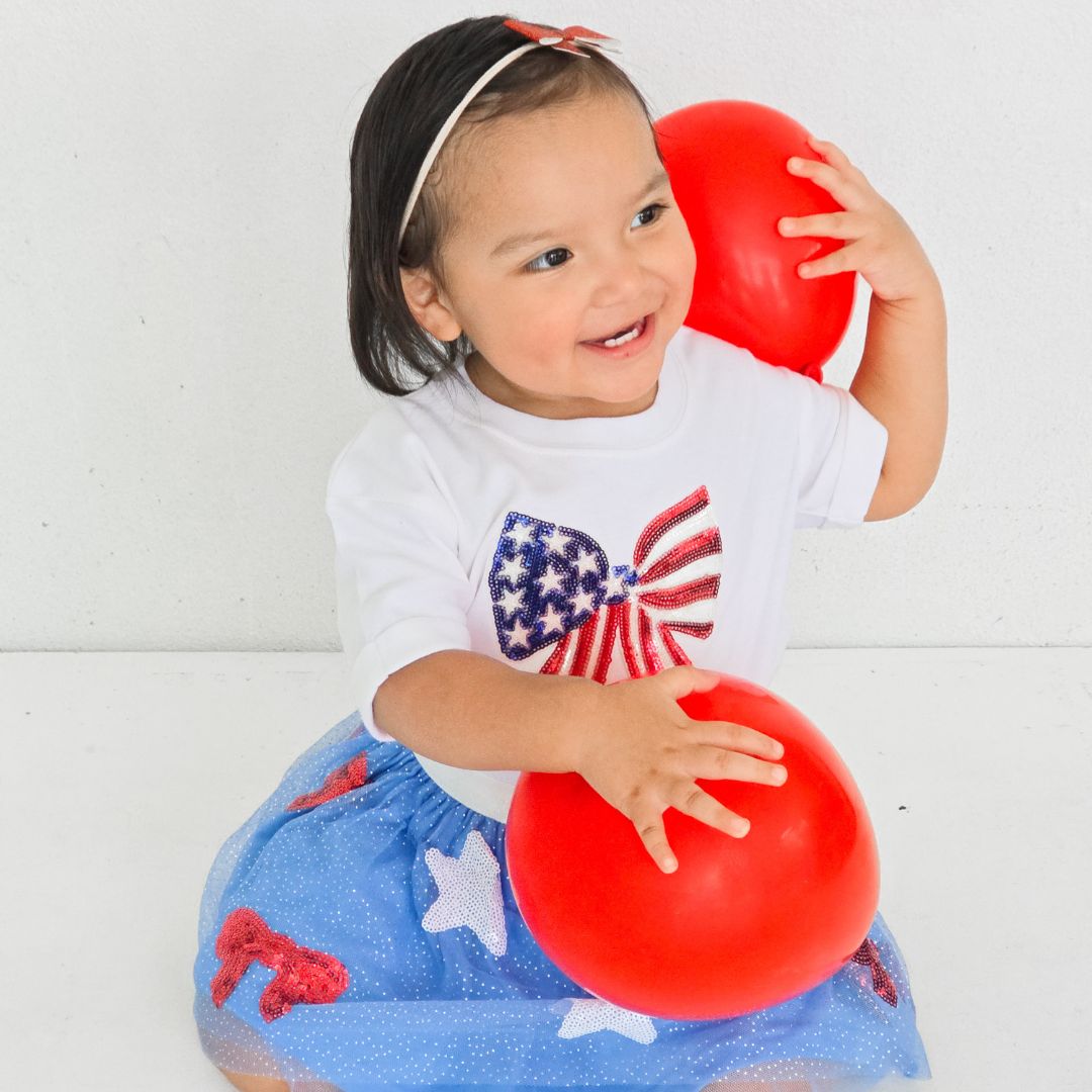 Patriotic Sequin Bow Patch Short Sleeve Romper