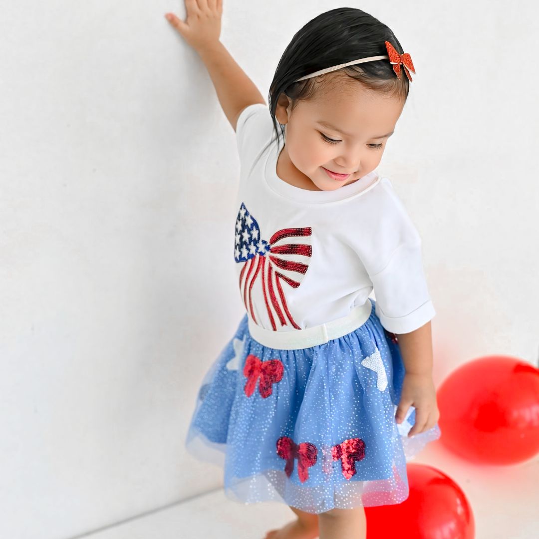 Patriotic Sequin Bow Patch Short Sleeve Romper