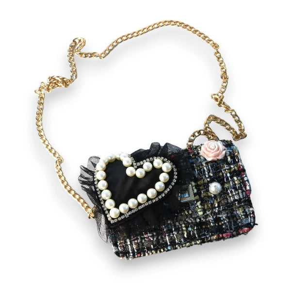 Black Heart Tweed Purse with Gold Chain Strap
