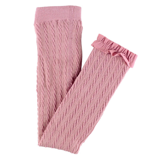 Your little one will look radiant in these Mauve Footless Ruffled Tights! The cable knit detail and ruffle hem add extra character to complete any outfit. Mix and match with a variety of her favorite dresses, rompers or bubbles. Machine washable.  78% Cotton, 20% Polyester, 2% Spandex.