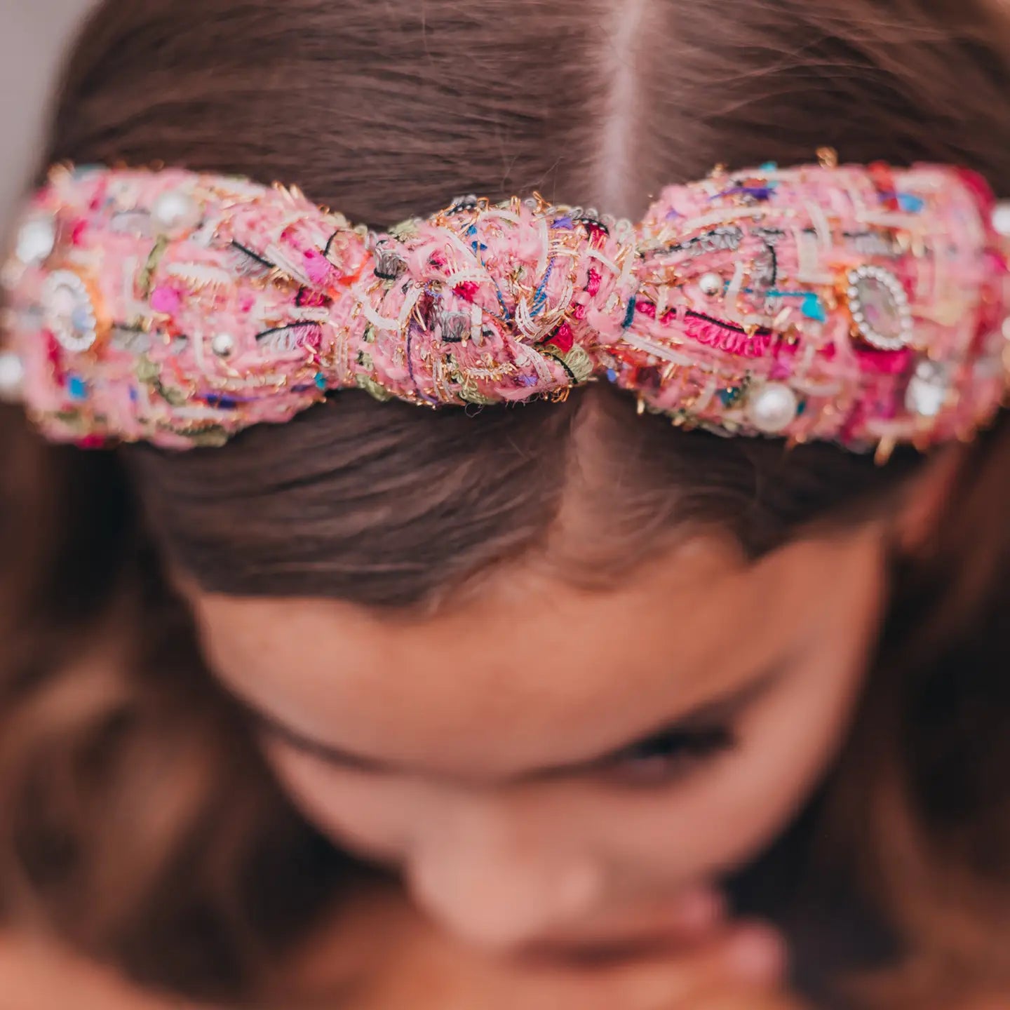 Embellished Pearl Tweed Knot Headband in Pink
