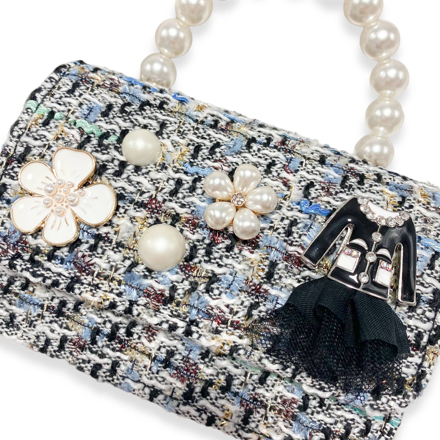 Floral Charms Tweed Purse with Pearl Top Handle