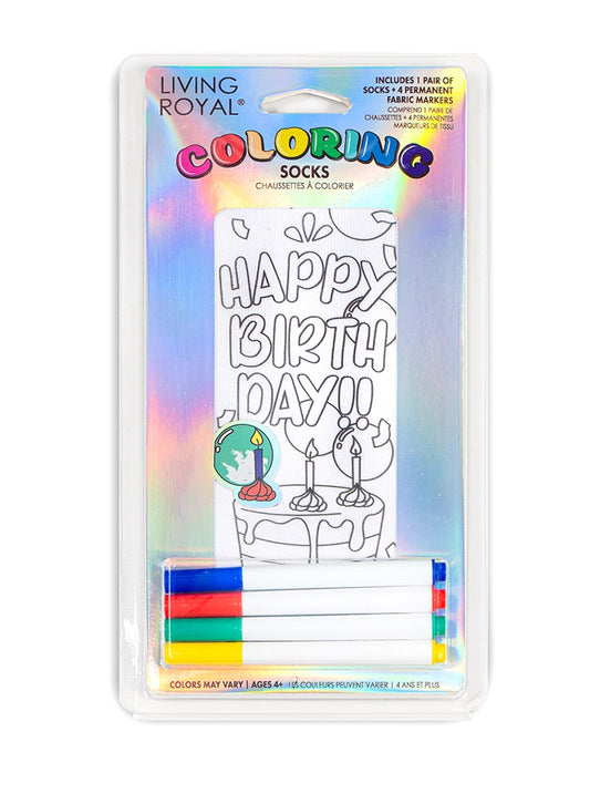 Color your way on your special day with our Birthday Coloring Socks!  Pack includes 1 pair of coloring ankle socks + 4 permanent fabric markers (colors may vary).  ONE SIZE FITS MOST(child age 4+ through women size 11).   Machine washable. 