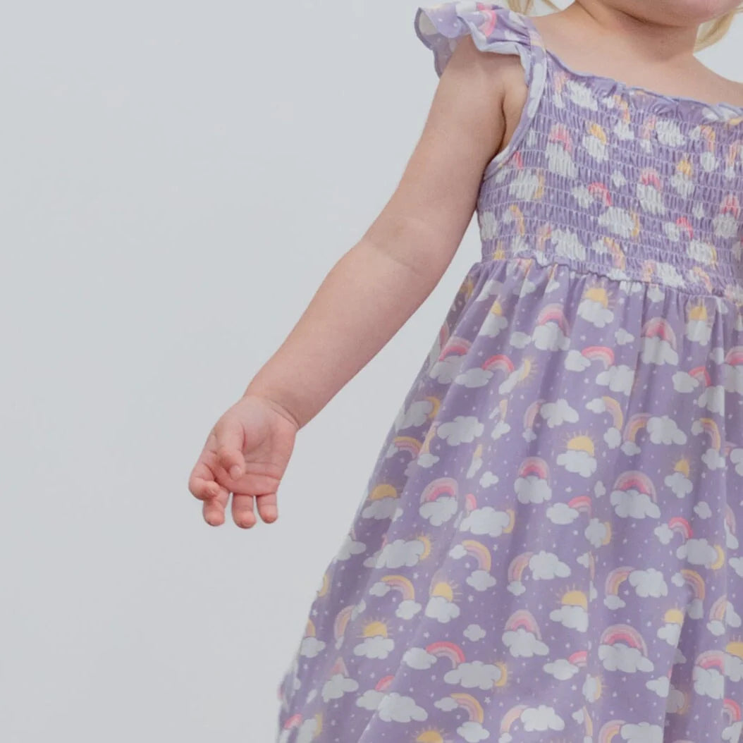 Rainbow Clouds Bamboo Smocked Flutter Dress