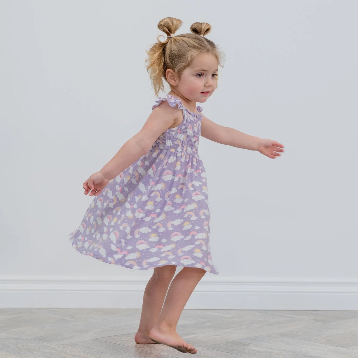 Rainbow Clouds Bamboo Smocked Flutter Dress