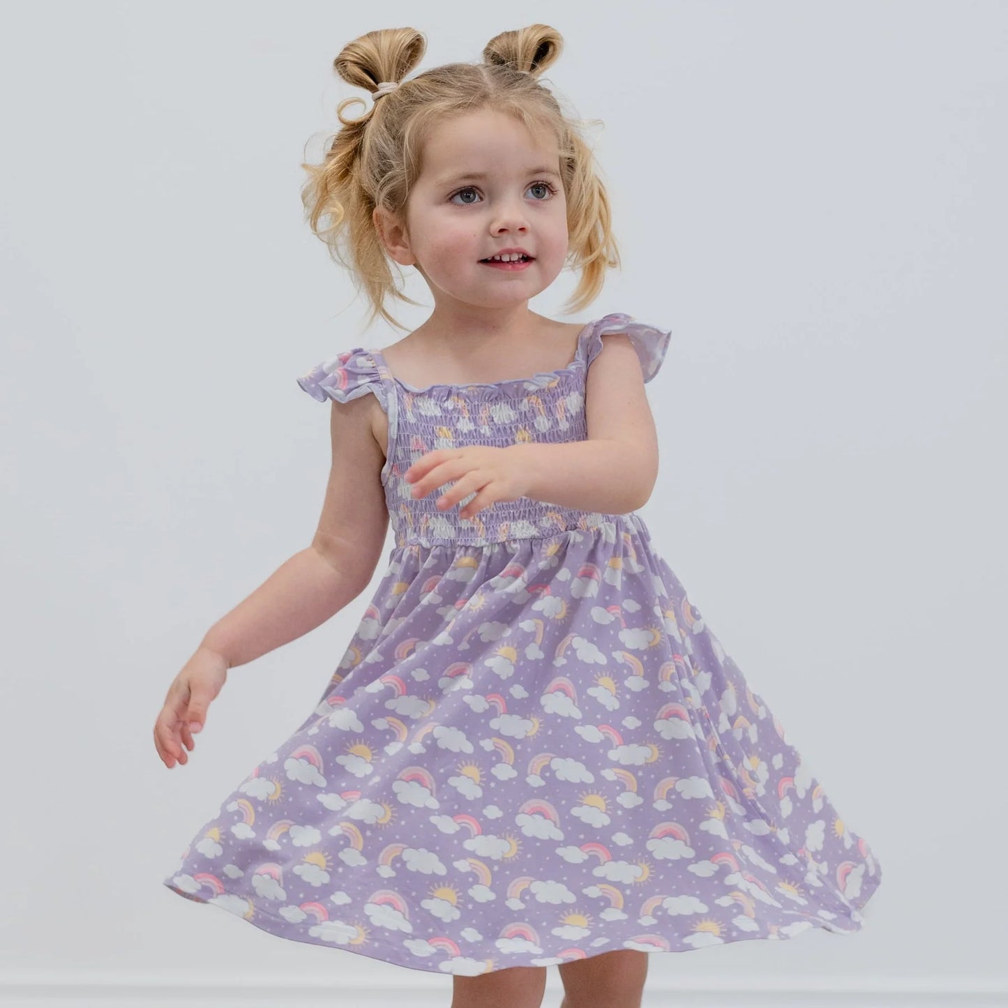 Rainbow Clouds Bamboo Smocked Flutter Dress