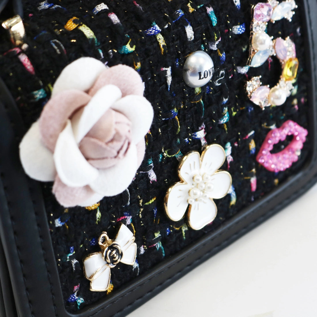 Black Floral and Charms Tweed Purse
