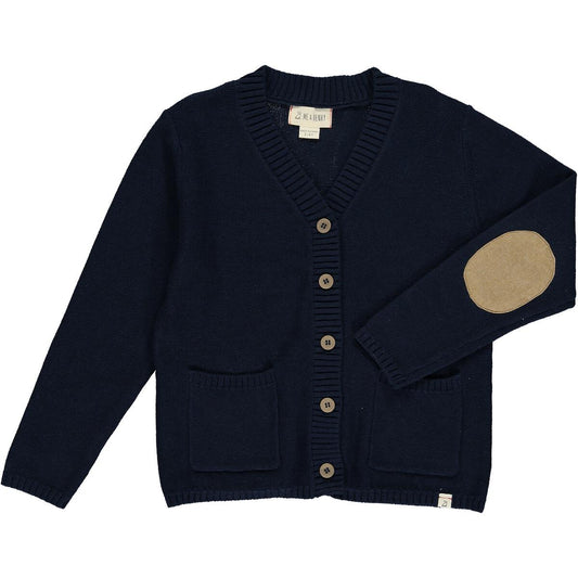 Navy Duncan Cardigan. Button closure with patch at sleeve and front pockets.   100% Cotton. 