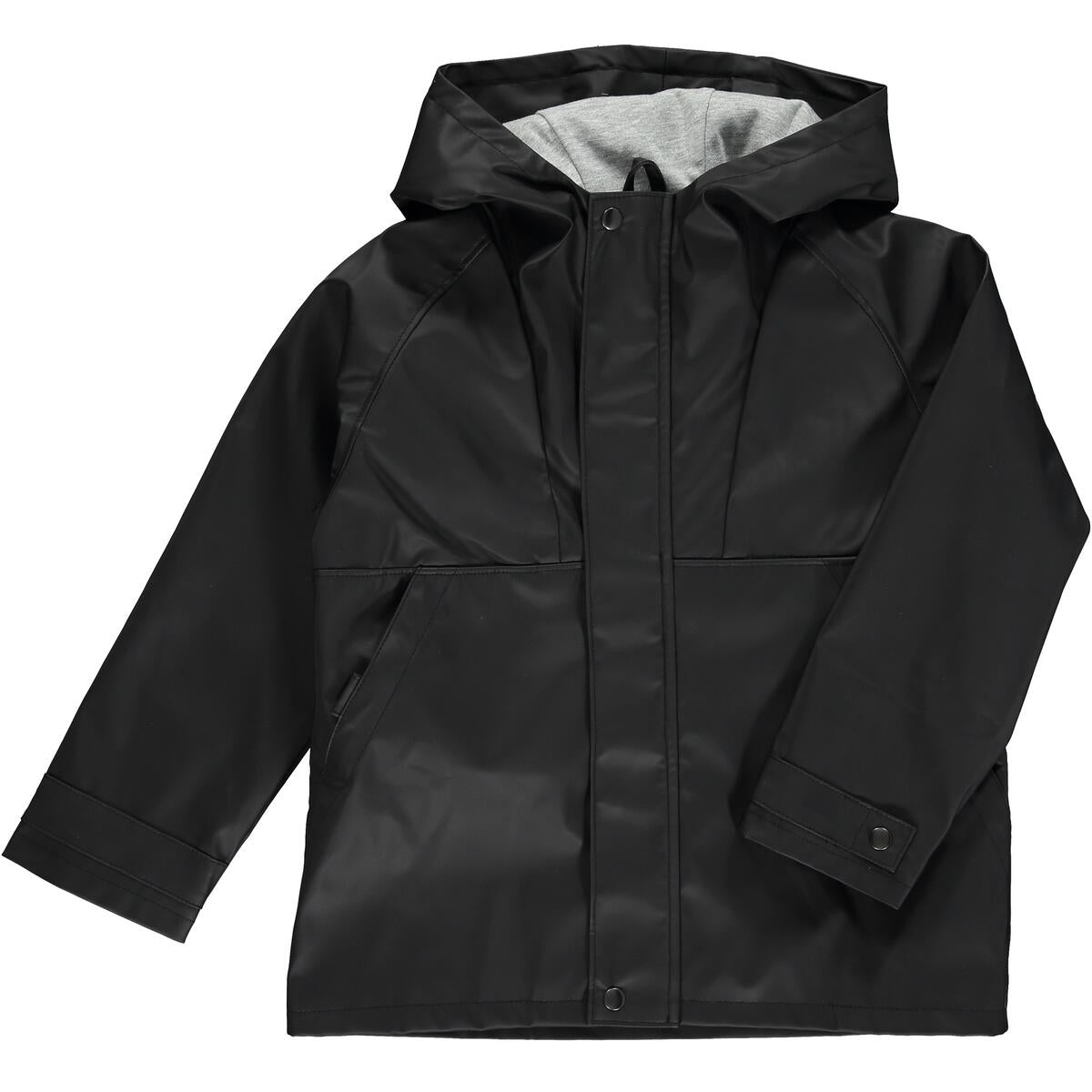 Stay cool and dry in our Black Splash Raincoat! Perfect on soggy days, this hooded raincoat is made with water-resistant cotton fabric and side pockets - it's got you covered ... literally.