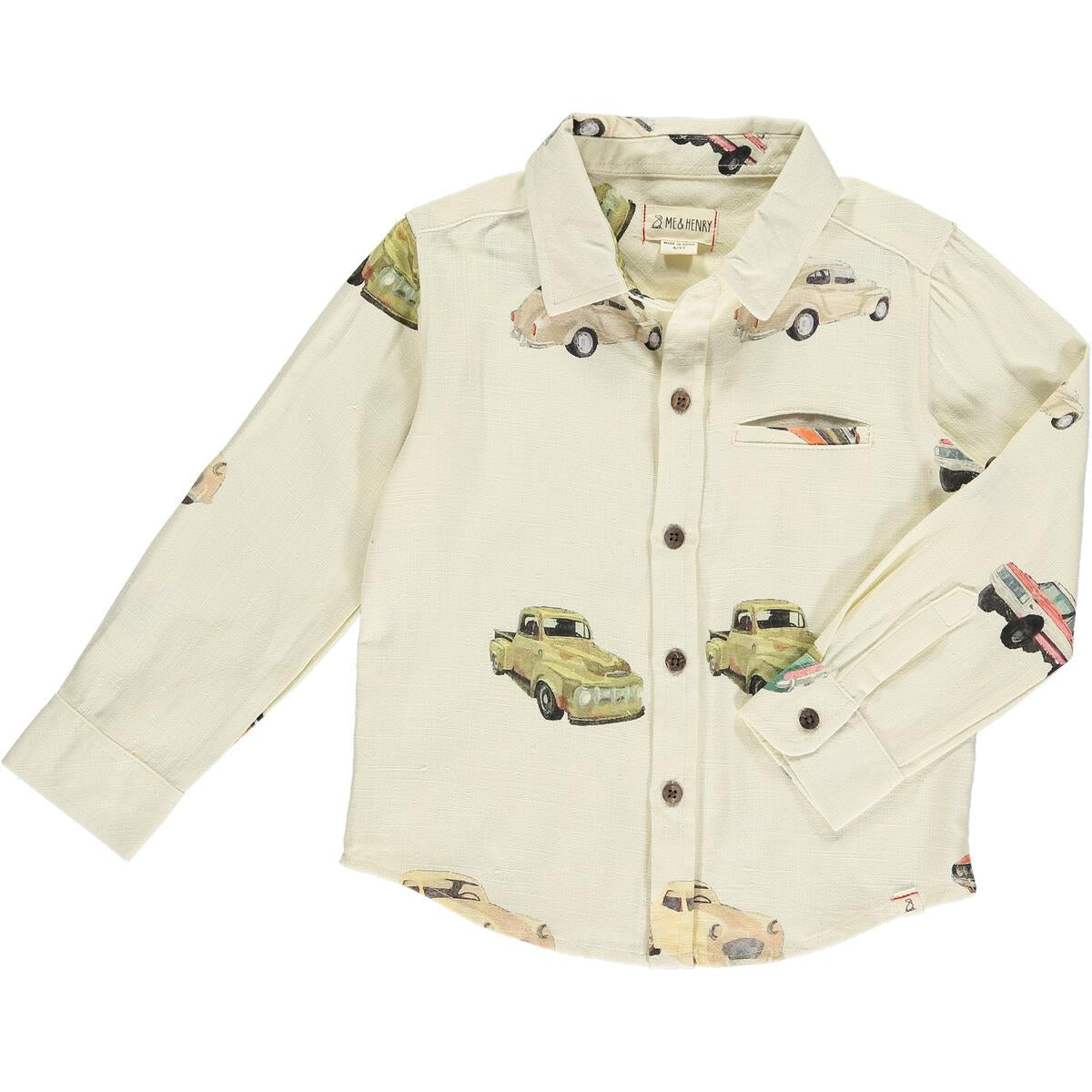 Atwood Woven Shirt. This classic long sleeve button-down is made unique with a vintage printed car design. An essential piece for any wardrobe.