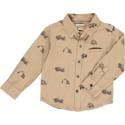 Construction Atwood Woven Shirt. This classic long sleeve button-down is made unique with a vintage printed car design. An essential piece for any wardrobe.  100% Cotton. 