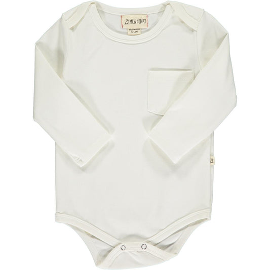 Off White Long Sleeve Pocket Basic.  Sizes 0-3 Months through 9-12 Months onesie style. Button snap closure.   Sizes 12-18 Months + 18=24 Months shirt style.   100% Cotton. 