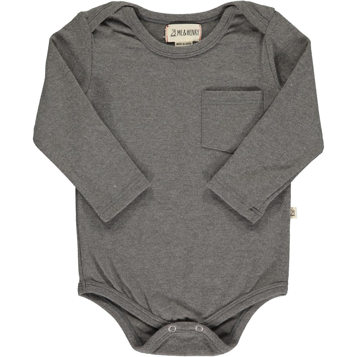 Charcoal Long Sleeve Pocket Basic.  Sizes 0-3 Months through 9-12 Months onesie style. Button snap closure.   Sizes 12-18 Months + 18=24 Months shirt style.   100% Cotton. 