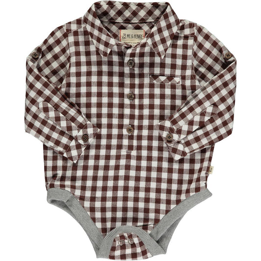 Brown Microplaid Jasper Shirtsie. Button down collared onesie with long sleeve and button snap closure.  100% Cotton. 