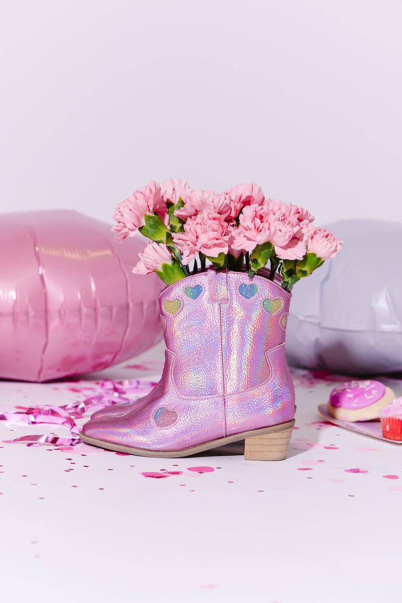 Pink Iridescent Heart Cowgirl Boots