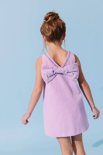 Lavender Crystal Heart Denim Bow Dress